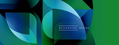 Soyut geometrik şekiller örtüşür, parlak mavi, yeşil eğimler yaratır. Arkaplan ve sunumlar için uygun modern tasarım ögesi.