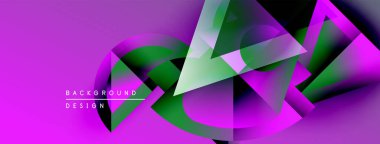Soyut geometrik şekiller örtüşüyor, canlı mor ve yeşil renkler yaratıyor. Modern tasarım elementleri dinamik bileşimi önerir.