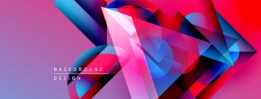 Soyut geometrik şekiller canlı renkleri harmanlarlar. Pembe, mavi, kırmızı gradyanlar dinamik görsel doku oluşturur. Modern tasarım ögesi.
