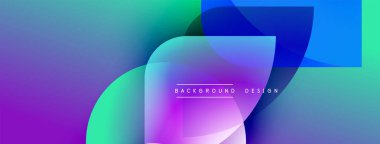 Soyut gradyanlar mor, mavi ve yeşil renkleri harmanlarlar. Üst üste binen şekiller dinamik görsel efekt yaratır. Metin arkaplan tasarımı okur.