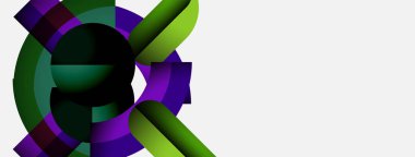 Soyut geometrik tasarım. Dairesel şekiller kesişiyor, dinamik görsel etki yaratıyor. Mor, yeşil renkler kompozisyona hakim. Modern, gösterişli estetik..