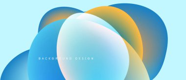 Soyut sıvı şekilleri örtüşür ve canlı renk değişimleri yaratır. Açık mavi arka plan turuncu, turkuaz renkleri tamamlar. Modern tasarım ögesi.