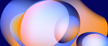 Üst üste binen daireler içeren soyut kompozisyon. Yumuşak eğimler koyu arkaplana karşı parlak, akışkan şekiller yaratır. Renkler karışımı, derinlik çağrıştırıyor.