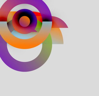 Soyut renkli tasarım eşmerkezli daireler, kıvrımlı şekiller, değişken renkler içerir. Modern dijital illüstrasyon, minimal estetik.