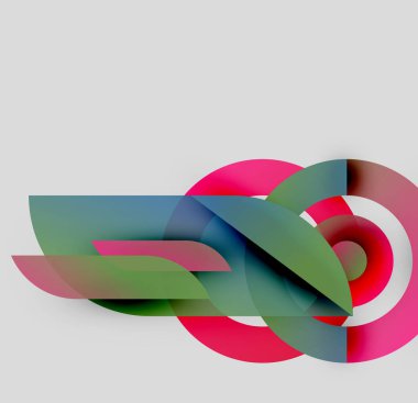 Soyut kompozisyon. Üst üste binen renkli şekiller dinamik görsel efekt yaratır. Modern tasarım, gradyanlar, pürüzsüz geçişler mevcut.