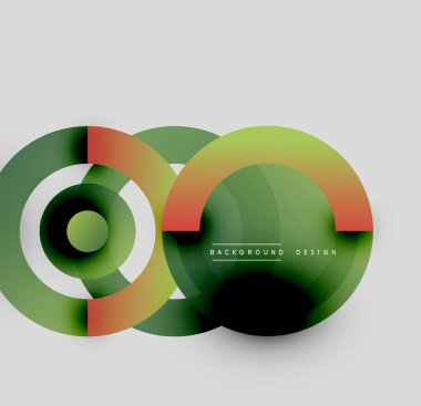 Soyut çemberler çakışıyor, canlı gradyanlar yaratıyor. Yeşil, turuncu renkler nötr arka plana hakim. Modern tasarım ögesi.