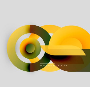 Soyut geometrik şekiller, canlı renkler, modern tasarım. Üst üste binen daireler dinamik bileşim yaratır, gradyanlar pürüzsüz geçişler sunar.
