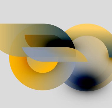 Soyut kompozisyon. Üst üste binen daireler, kıvrımlar dinamik görsel efekt yaratır. Sarı, gri, mavi renkler tasarımda baskın. Modern estetik.