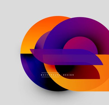 Soyut geometrik bileşim. Üst üste binen daireler dinamik görsel efekt yaratır. Değişik renkler, mor, turuncu baskın tasarım. Modern biçim.