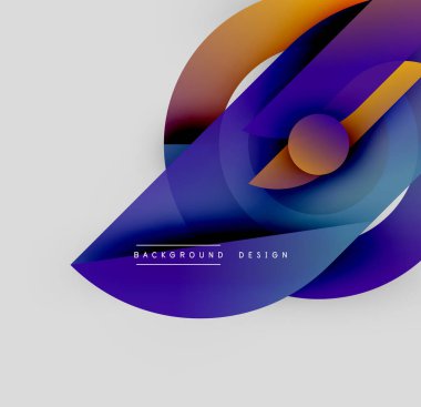 Soyut şekiller örtüşüyor, canlı gradyanlar yaratıyor. Mavi, turuncu, mor baskın tasarım. Minimalist metin arkaplan tasarımı okur.