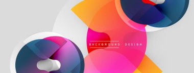 Soyut şekiller örtüşüyor, canlı renk değişimleri yaratıyor. Modern tasarım düz geçişler, açık gölgeler, gri arkaplan içerir.