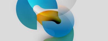 Soyut sıvı şekilleri üst üste binerek dinamik bileşim oluşturur. Renkler mavi, portakallar, çay rengi beyaz arka plan. Yumuşak eğimler hareketi önerir.