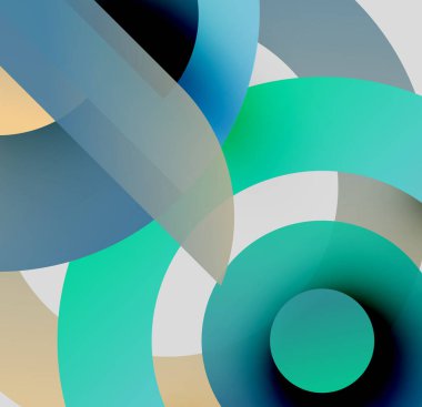 Soyut kompozisyon. Üst üste binen daireler, yumuşak eğimler, sessiz maviler, yeşiller, bronzlaşmalar katmanlı görsel efekt yaratır. Minimalist tasarım.