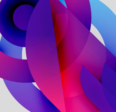 Soyut şekiller örtüşür, canlı renk karışımları yaratır. Maviler, morlar, pembeler kompozisyona hakim. Yumuşak gradyanlar biçimleri tanımlar.