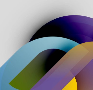 Soyut şekiller örtüşüyor, canlı renk değişimleri yaratıyor. Düz kıvrımlar hareketi, derinliği gösterir. Minimalist tasarım, modern estetik.