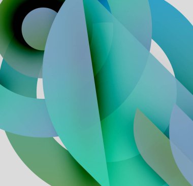 Soyut şekiller çakışıyor, akışkan gradyanlar yaratıyor. Maviler, yeşiller kompozisyona hakim. Minimalist tasarım, sakin duyguları çağrıştırır..