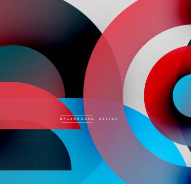 Soyut daireler örtüşüyor, canlı renk eğimleri yaratıyor. Kırmızı, mavi, siyah renkler tasarımda baskın. Modern estetik.
