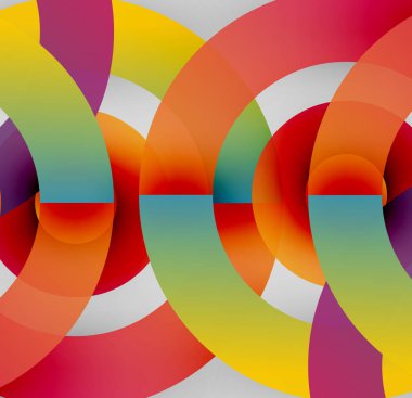 Üst üste binen renkli kavisler içeren soyut kompozisyon. Canlı renkler dinamik görsel ritim ve modern tasarım yaratır..