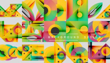 Geometrik desenler, canlı renkler modern soyut tasarım yaratır. Üst üste binen şekiller, dinamik bileşim, görsel doku.