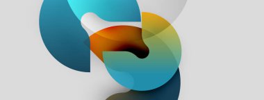 Soyut sıvı şekilleri üst üste binerek dinamik bileşim oluşturur. Renkler mavi, portakallar, sarı ışık arkaplanı. Yumuşak eğimler hareketi önerir.