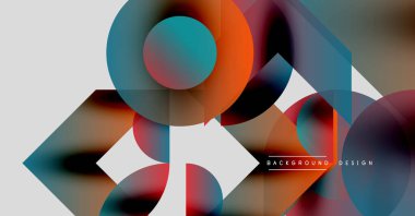 Soyut geometrik şekiller örtüşüyor, canlı renk eğimleri yaratıyor. Modern tasarım pürüzsüz geçişler, dinamik bileşimler içerir.