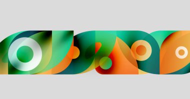 Üst üste binen renkli daireler, kıvrımlar, şekiller içeren soyut bir kompozisyon. Canlı deniz mavisi ve turuncu renkli modern tasarım. Minimalist estetik.