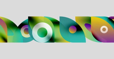 Soyut renkli şekiller çakışıyor, dinamik görsel desen oluşturuyor. Çemberler, eğriler, gradyanlar bileşimi tanımlar. Modern tasarım ögesi.