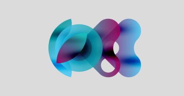 Soyut şekiller örtüşür, canlı renk karışımları yaratır. Yumuşak eğimler akıcılık, hareket ve modern tasarım estetiğini ortaya koyuyor..