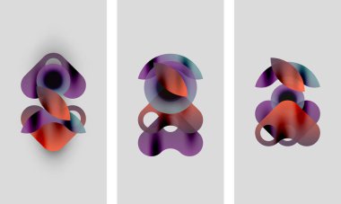 Soyut sanat eserleri. Üç panelde renkli, katmanlı şekiller var. Renkler karışıyor, yumuşak görsel etki yaratıyor. Modern tasarım.