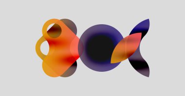 Soyut şekiller örtüşüyor, canlı turuncu ve mor renkler yaratıyor. Akışkan formlar hareket, derinlik ve modern tasarım estetiğini önerir..