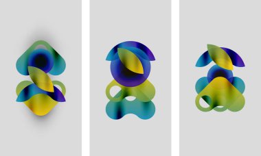 Soyut sanat eserleri. Üç panelde renkli, dalgalı şekiller var. Gradyan renkler sarı, mavi, yeşil karışımı. Minimalist tasarım, modern estetik.