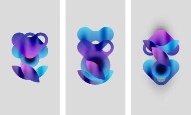 Soyut sanat eserleri. Üç panelde akan rengarenk şekiller var. Mavi, mor renkler karışıyor, yumuşak renkler yaratıyor. Modern tasarım.