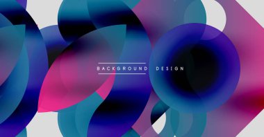 Soyut geometrik şekiller örtüşür, canlı gradyanlar yaratır. Mor, mavi, pembe renkler tasarımda baskın. Modern estetik.
