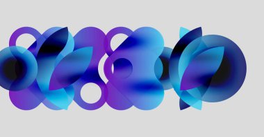 Üst üste binen daireler içeren soyut kompozisyon. Gölgeler canlı maviler, morlar, beyaz dinamik görsel efekt yaratır.