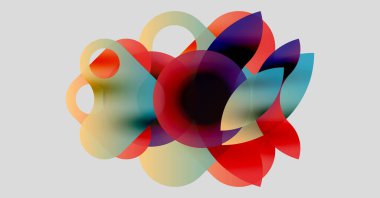 Soyut kompozisyon. Üst üste binen renkli çemberler dinamik görsel efekt yaratır. Renkler karışıyor, karmaşık şekiller oluşturuyor. Modern tasarım.