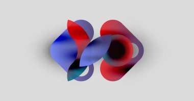 Soyut şekiller örtüşüyor, canlı kırmızı, mavi renkler yaratıyor. Yumuşak eğimler, tarafsız arkaplanda derinlik ve hareket olduğunu gösteriyor..