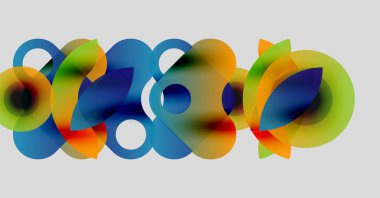 Üst üste binen renkli daireler, gradyanlar, yumuşak kenarlar içeren soyut bir kompozisyon. Modern tasarım, canlı renkler, dinamik düzenleme.