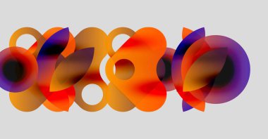 Üstüste binen şeffaf daireler içeren soyut bir kompozisyon. Turuncu, mor renkler nötr arka plana hakim. Yumuşak eğimler derinlik yaratır.