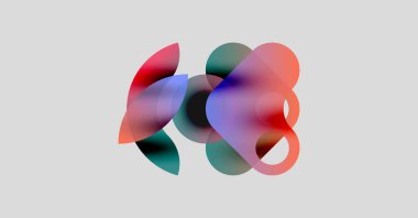 Soyut renkli şekiller çakışıyor, yumuşak gradyanlar yaratıyor. Açık arkaplan sıvı formlarını, canlı renkleri vurgular.