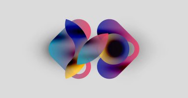 Soyut renkli şekiller çakışıyor ve sıvı formlar yaratıyor. Gradyan renkler harmanlanır, hareket, derinlik ve modern tasarım önerilir.