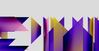 Soyut geometrik şekiller, canlı mor, sarı renkler. Modern tasarım, temiz çizgiler, minimalist estetik. Kompozisyon açılı düzlemler, gradyanlar içerir.