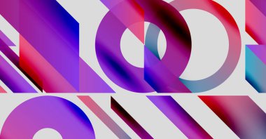 Canlı daireler, çizgiler, gradyanlar içeren soyut bir kompozisyon. Mor, mavi, kırmızı renkli modern tasarım. Minimalist estetik.