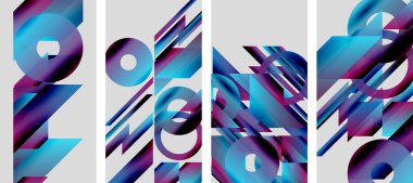 Soyut geometrik paneller. Canlı maviler, morlar dinamik görsel ritim yaratır. Modern tasarım, temiz çizgiler, sanatsal ifade.