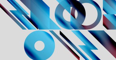 Üst üste binen mavi şekilli soyut kompozisyon. Geometrik formlar dinamik görsel efekt yaratır, modern tasarım elementleri sunar.