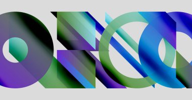 Soyut kompozisyon. Üst üste binen renkli şekiller dinamik görsel efekt yaratır. Gradyan renkler harmanlanır, modern tasarımı oluşturur.