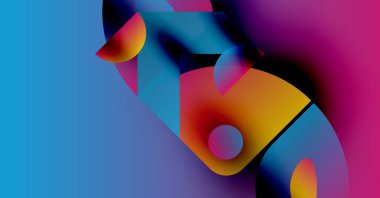 Soyut enerjik şekiller harmanlanarak dinamik renkli kompozisyon oluşturur. Yumuşak eğimler hareketi, derinliği gösterir. Modern dijital sanat.