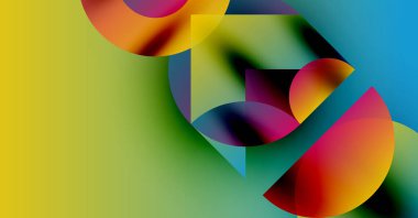 Üst üste binen renkli şekiller içeren soyut bir kompozisyon. Canlı gradyanlar dinamik görsel ilgi yaratır, renkleri pürüzsüz harmanlarlar..