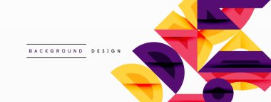 Soyut geometrik şekiller örtüşür, canlı katmanlı tasarım yaratır. Sarı, mor, turuncu renkler beyaz alana hakim. Modern estetik.