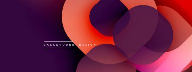 Soyut gradyan şekiller çakışıyor, dinamik görsel etki yaratıyor. Mor, turuncu, pembe renkler kompozisyona hakim. Modern tasarım ögesi.