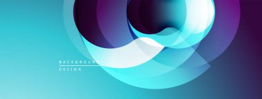 Soyut tasarım özellikleri üst üste binen daireler, gradyanlar. Mavi, mor renkler modern görsel efektler yaratır. Minimalist stil.